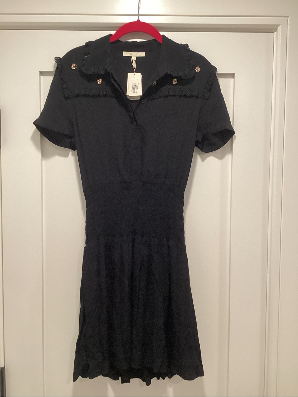 Maje Black Short-Sleeve Smocked-Waist Mini Dress with Embellished Collar